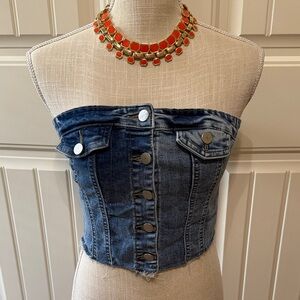 Denim Button-Up Strapless Top